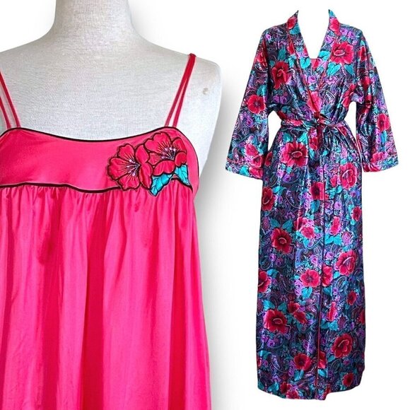 Vintage Other - Vintage 1980s Lorraine Robe Nightgown Peignoir Set S M Red Purple Floral Paisley